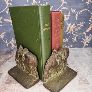 Vintage Cast Iron Horse Bookends Grazing Saddled Horses Primitive Heavy Pair